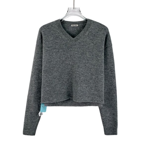 Miu Miu 2023 Dark Gray V-Neck Long-Sleeve Knit Sweater Size S - Picture 1 of 8